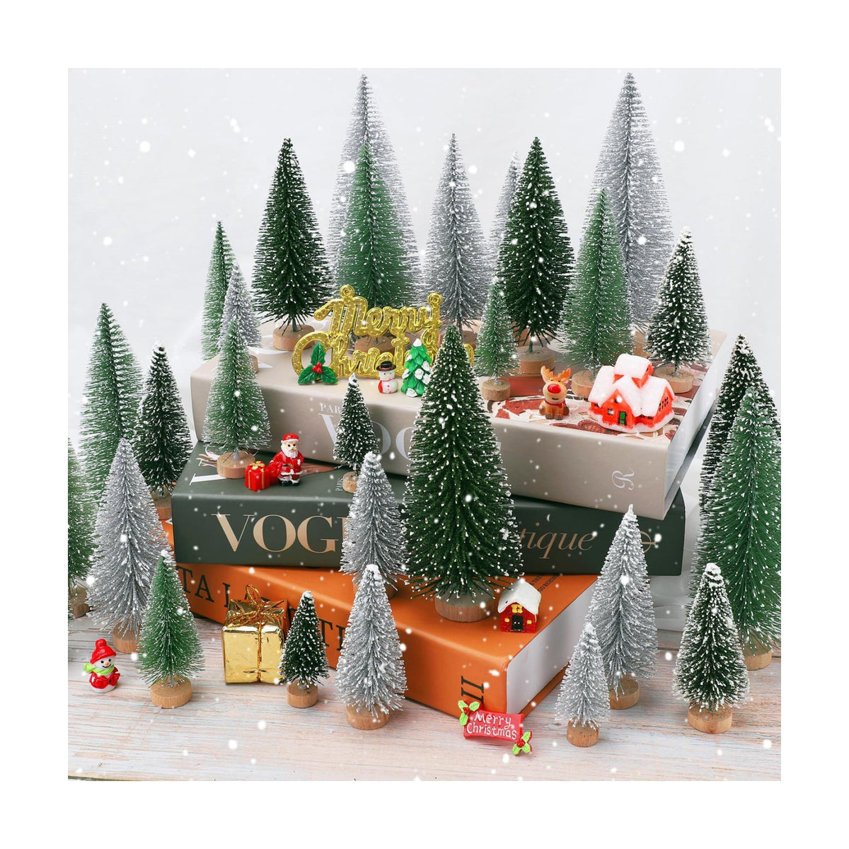 30Pcs Mini Christmas Tree Decor, Artificial Christmas Tree 5 Sizes,Mini Sisal Snow Frost Trees with Wooden Base for Christmas Decor Christmas Party Home Table Craft Decorations (A-Green/Silver)