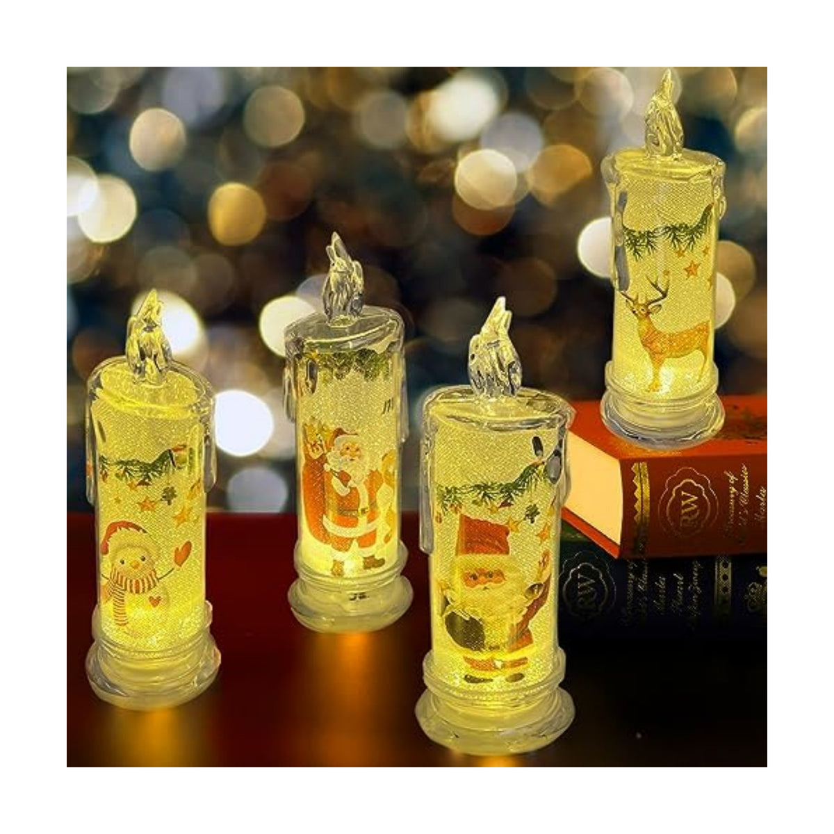 SupBri Christmas Flameless White Candles with Santa Claus, Snowman,Decals Set of 4, Battery Operated Christmas Themed LED Pillar Candles for Festival Christmas Decorations