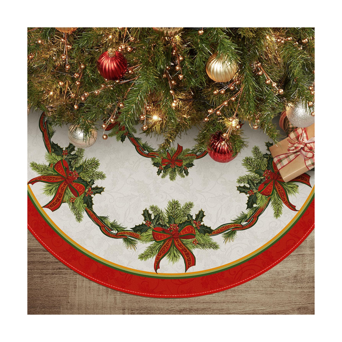 AVOIN colorlife Christmas Tree Skirt 48 Inch, Christmas Ribbon Holly Winter Holiday Tree Mat Decoration