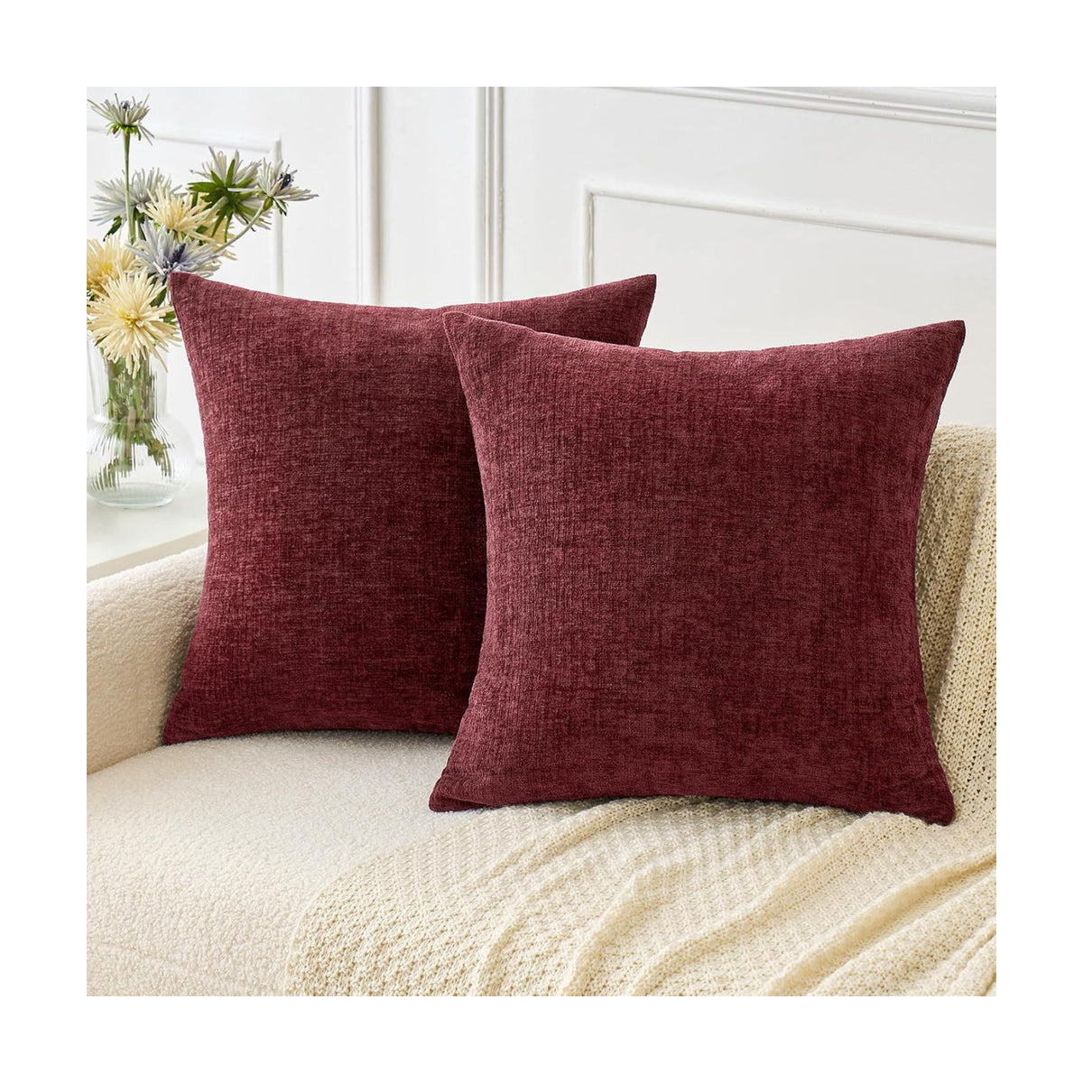MIULEE Soft Chenille Throw Pillow Covers Burgundy 18x18 Inch Pack of 2