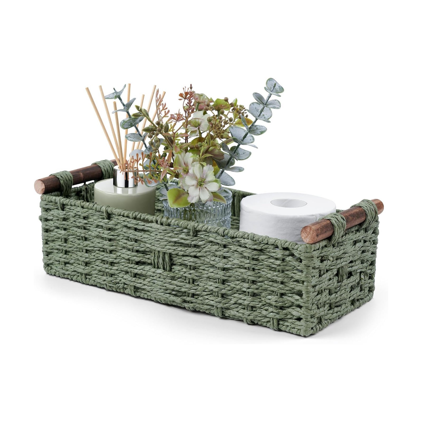 Round Paper Rope Storage Basket Wicker Baskets for Organizing with Handle Decorative Storage Bins for Countertop Toilet