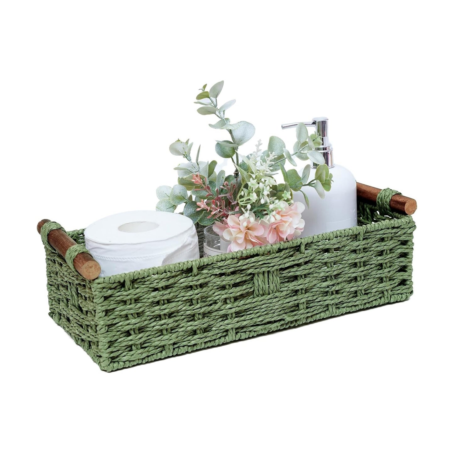 Round Paper Rope Storage Basket Wicker Baskets for Organizing / Green