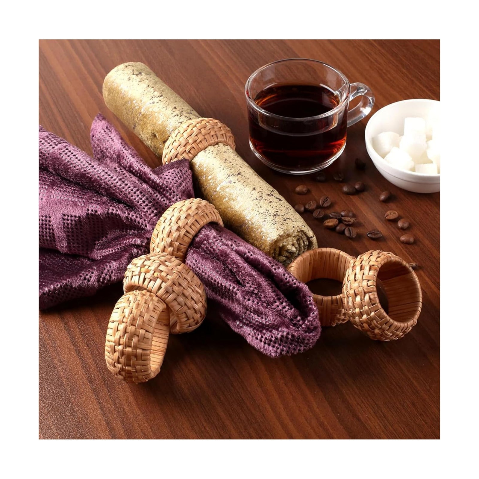 Woven Jute Napkin Rings, Set of 12, Natural Rattan | Handmade rattan, plastic base, 2.5x2.5x1 in each, set of 12