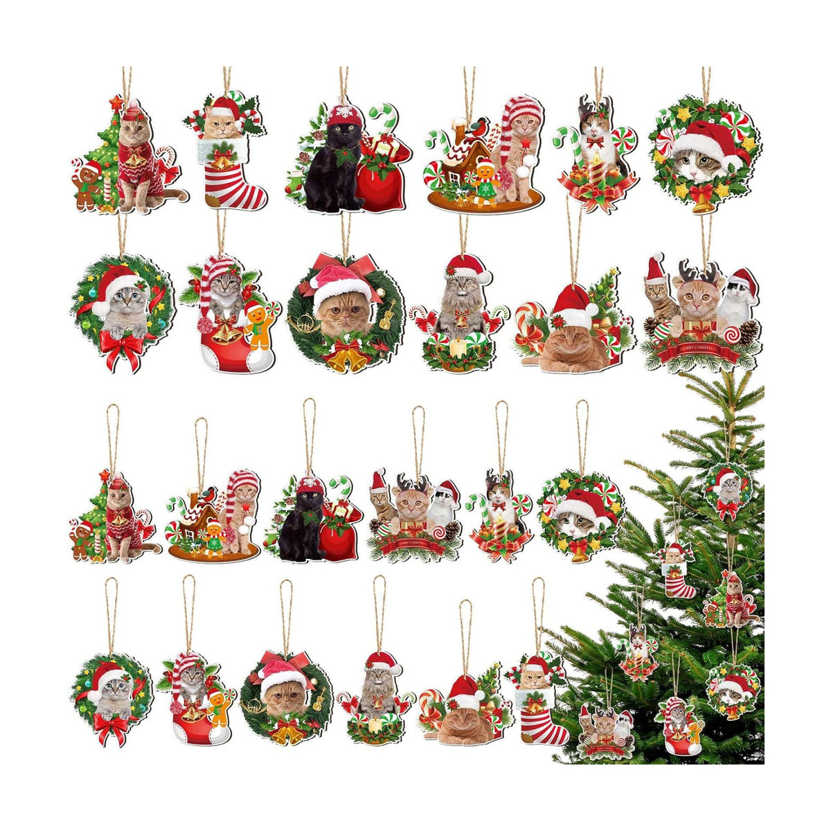 Qunclay 36 Pcs Cat Christmas Tree Ornaments Wooden Cat Christmas Tree Decorations Rustic Xmas Kitty Hanging Ornament Decorative Kitty Wood Pendants for Home Fireplace Holiday Xmas Party Decor
