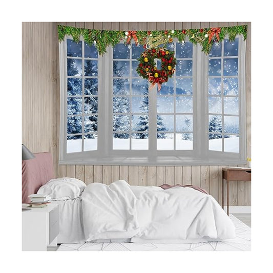 HVEST Winter Tapestry Wall Hanging Snow Pine Tree Forest outside Window Wall Art for Bedroom, Christmas Wreath and Green Pine Branch Tapestry for Living Room Dorm Wall Decor, 51L X 59W inches