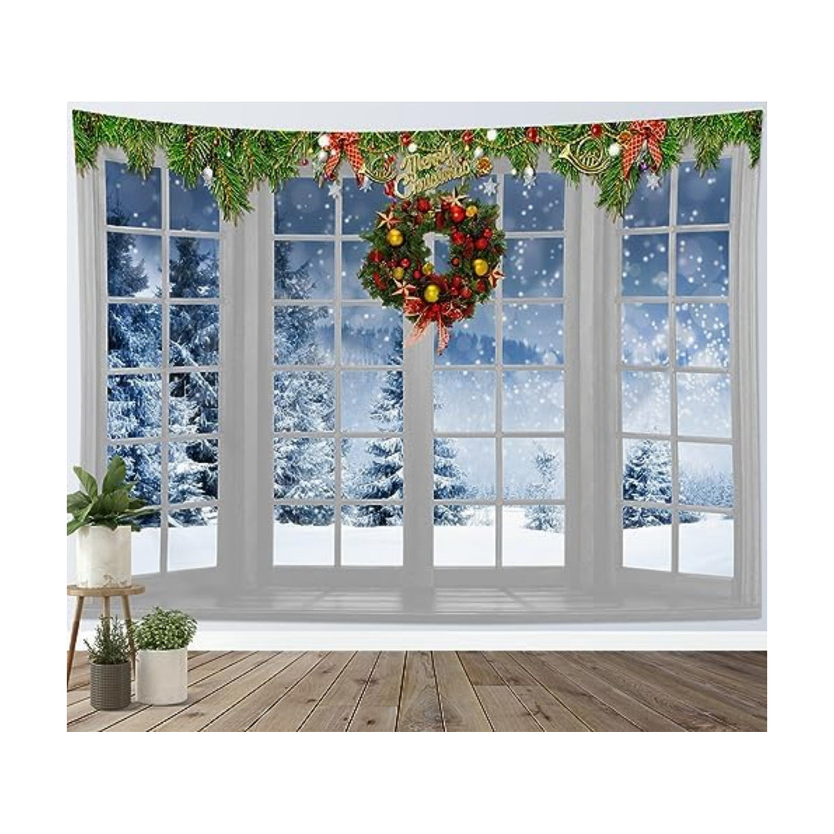 HVEST Christmas Tapestry Wall Hanging Winter Snow Forest outside White Window Tapestry for Bedroom, Nature Landscape Christmas Wall Art for Living Room Dorm Home Decor Backdrop, 40L X 60W inches