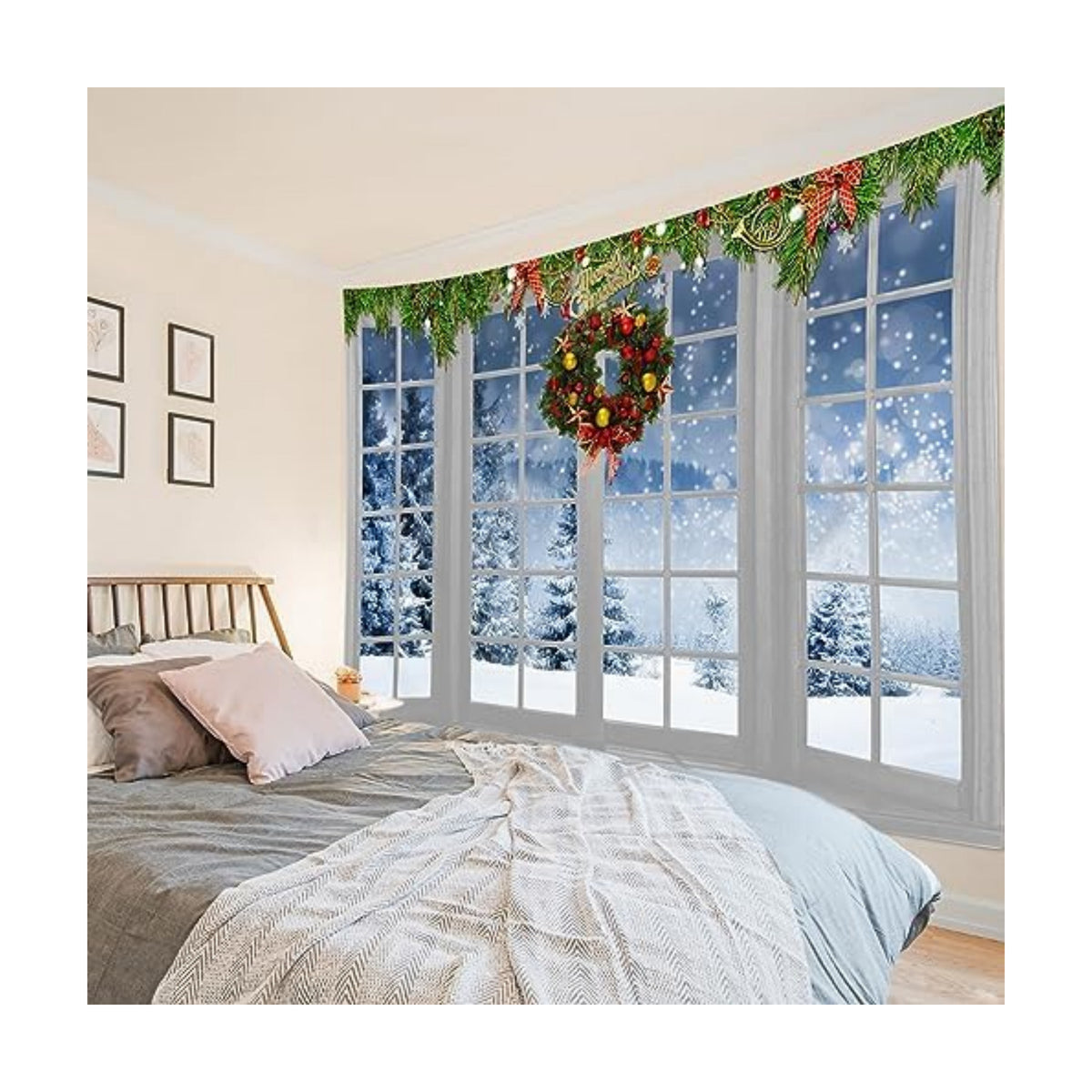 HVEST Winter Tapestry Wall Hanging Snow Pine Tree Forest outside Window Wall Art for Bedroom, Christmas Wreath and Green Pine Branch Tapestry for Living Room Dorm Wall Decor, 60L X 80W inches