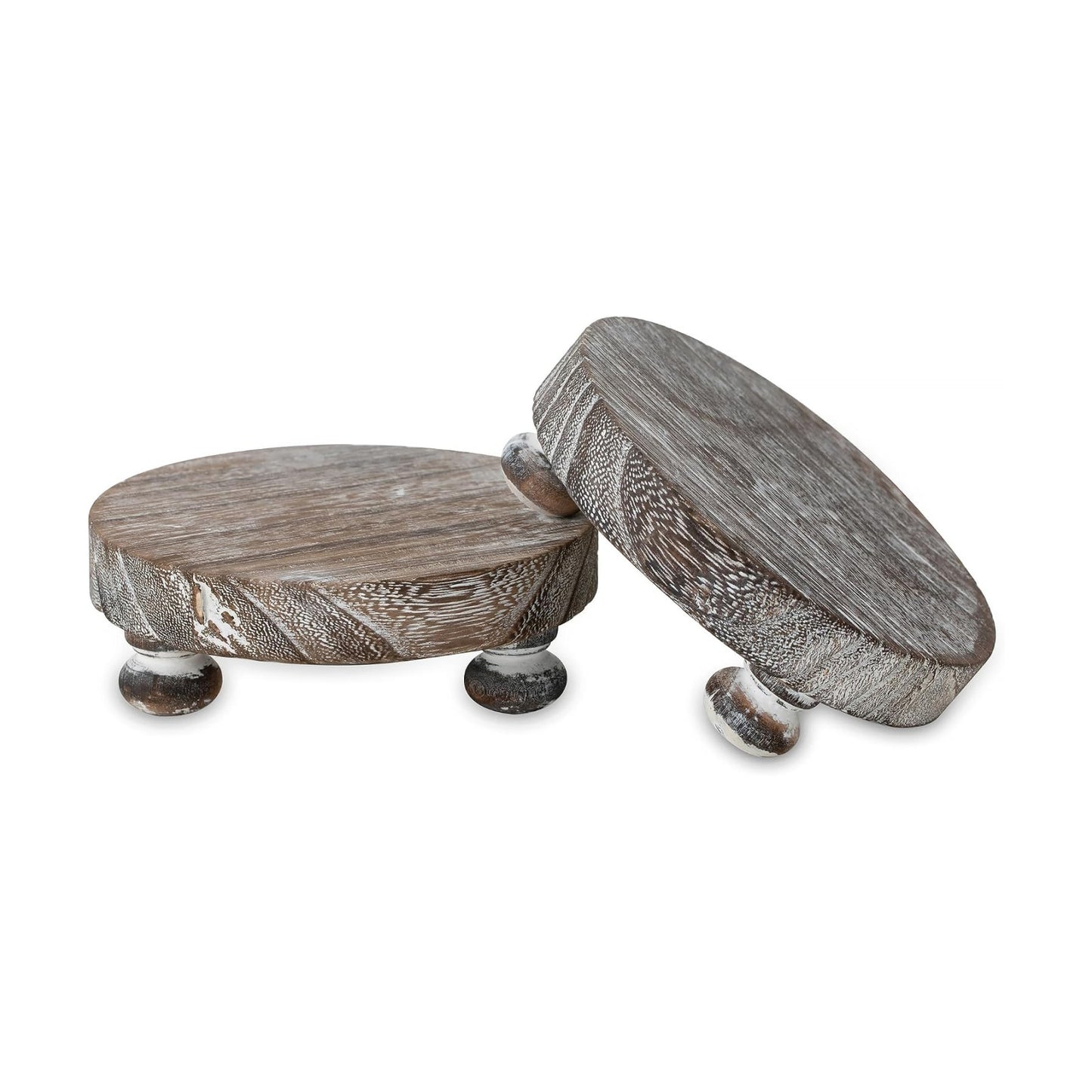 Rustic Decor Mini Wooden Pedestal Stand Decorative Round Tray / Whitewashed / Set of 2