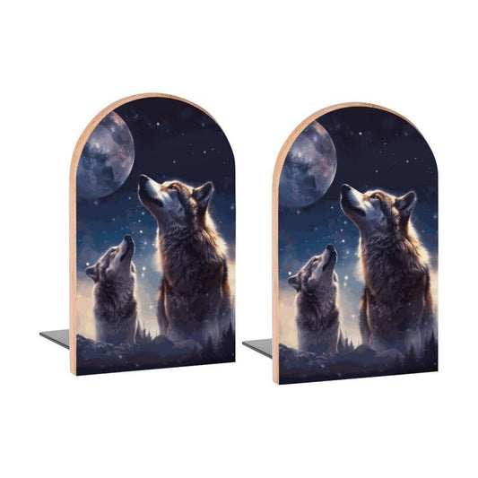Wolf Howl Puppy Wolves Moon Book Ends Decorative Wood Bookends