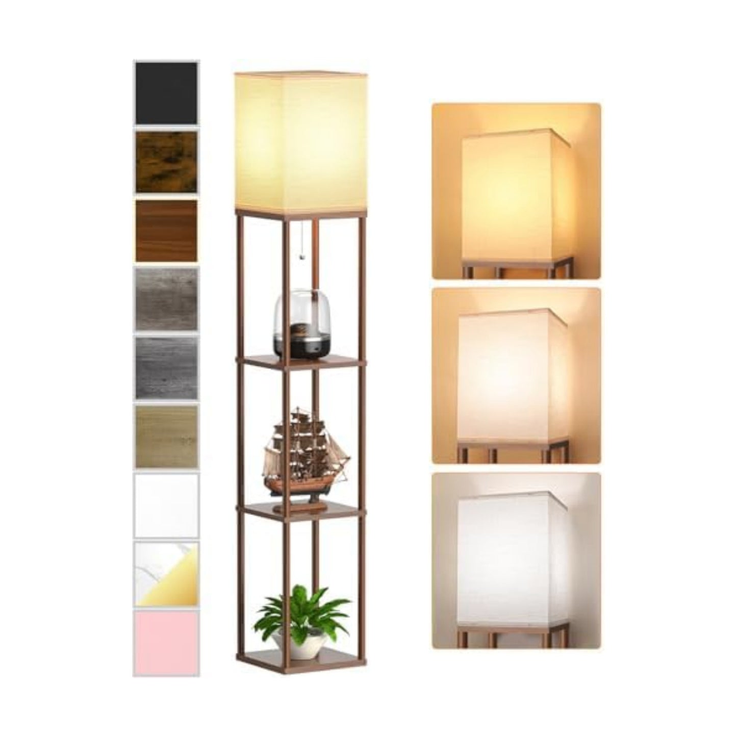 Floor Lamp with Shelves for Living Room Walnut Brown, Shelf Floor Lamp with 3 CCT LED Bulb, Corner Display Standing