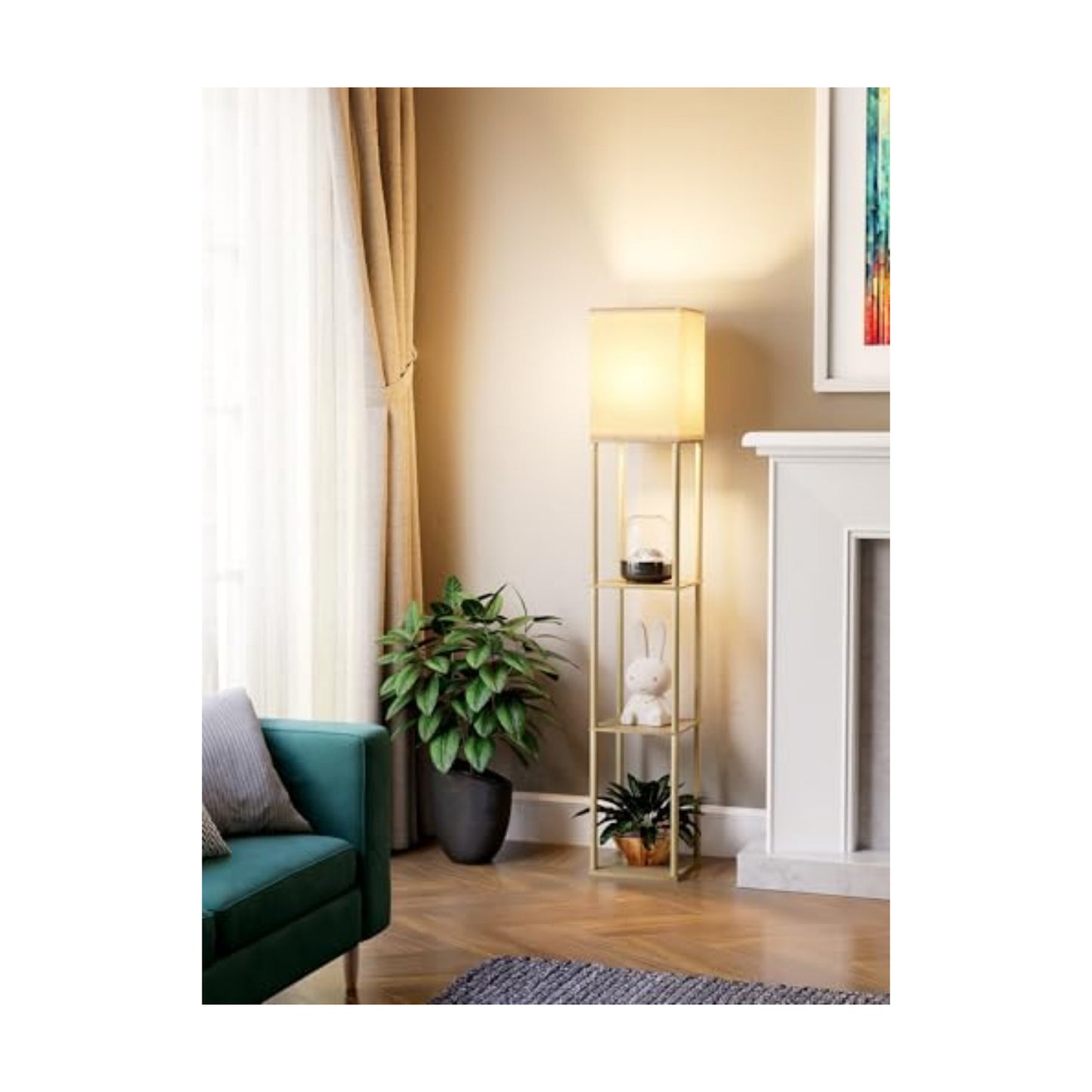 Floor Lamp with Shelves for Living Room Natural Wood, Shelf Floor Lamp with 3 CCT LED Bulb, Corner Display Standing