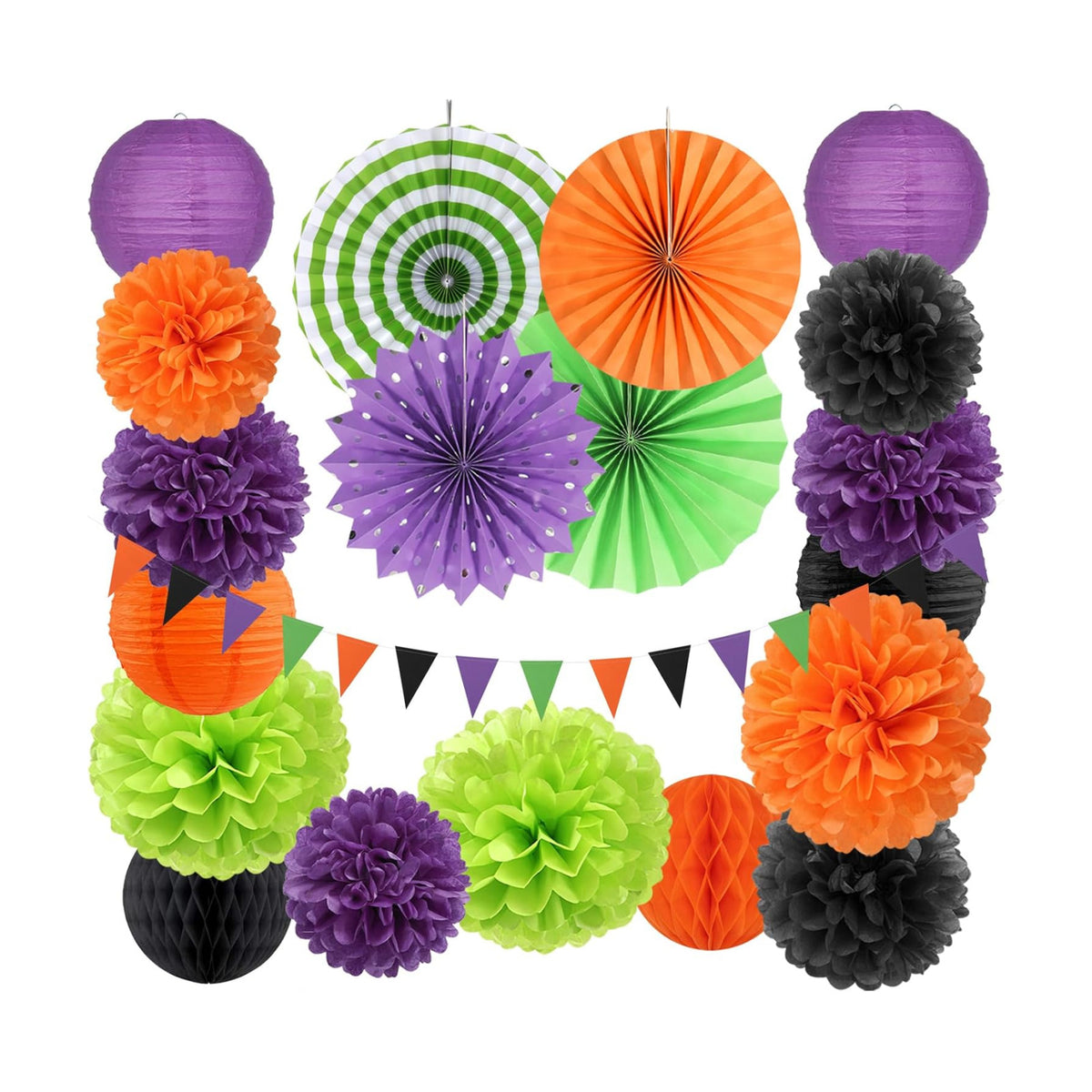 Black Purple Orange-Green Halloween Party-Decorations - 20pcs Paper Lanterns Fans,Tissue Pom Poms,Honeycomb Balls,Hotel Transylvania Hocus Pocus Birthday Baby Bridal Shower Wedding Decor Burgleda