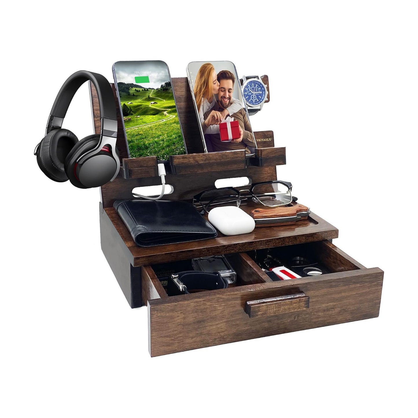 Gifts for Men Women Husband Son Boyfriend Him Nightstand Organizer Wood Phone Docking / Walnut