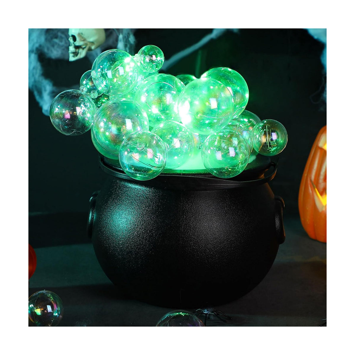 Jenaai 96 Pcs Halloween Bubbling Cauldron Set with 40 Ball Ornaments 2 Lights String 20 g Spider Webs 2 Fake Spider 50 Adhesive Points for Party(Warm White, Green)