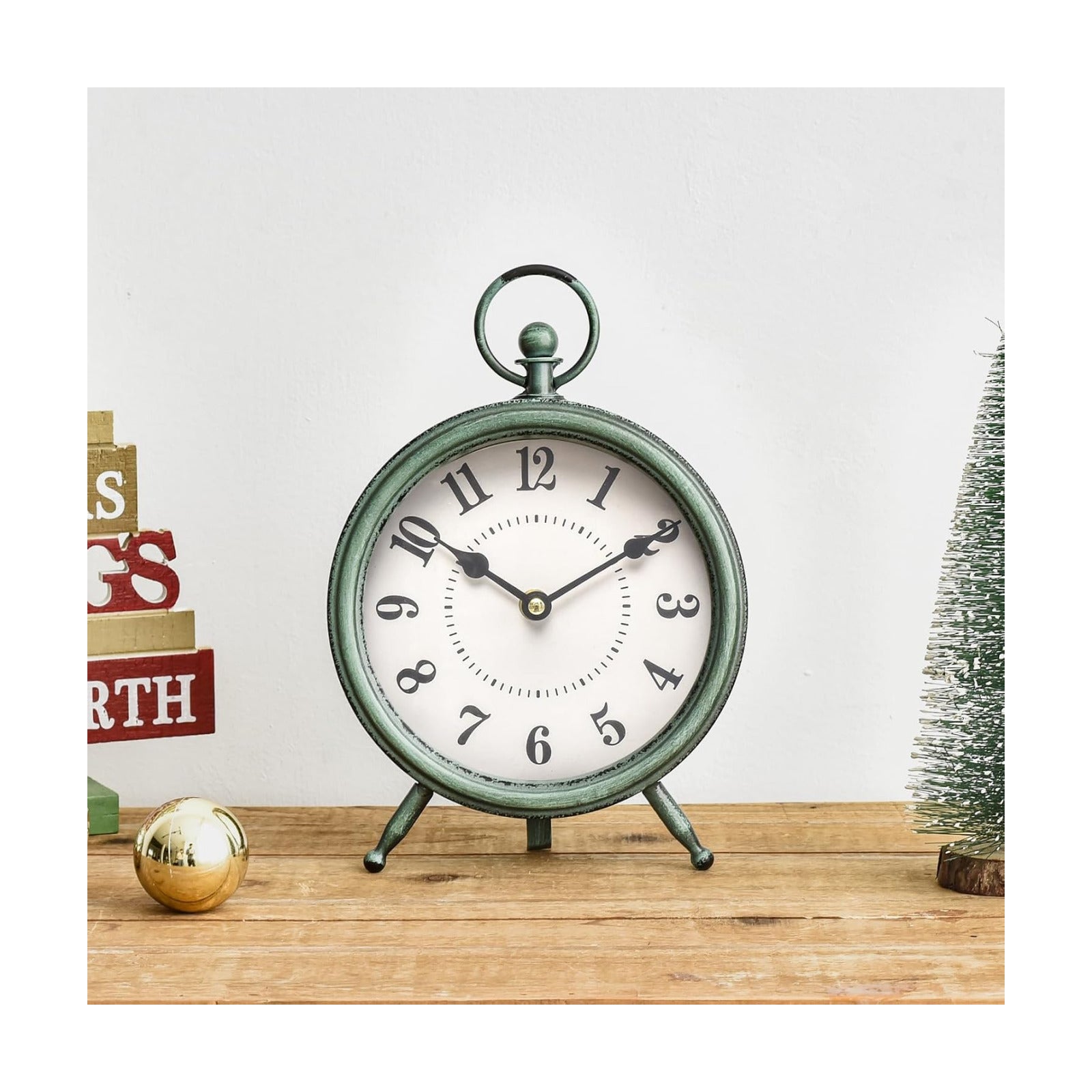 Vintage Rustic Table Clock on Stand / Green / 10.5"H
