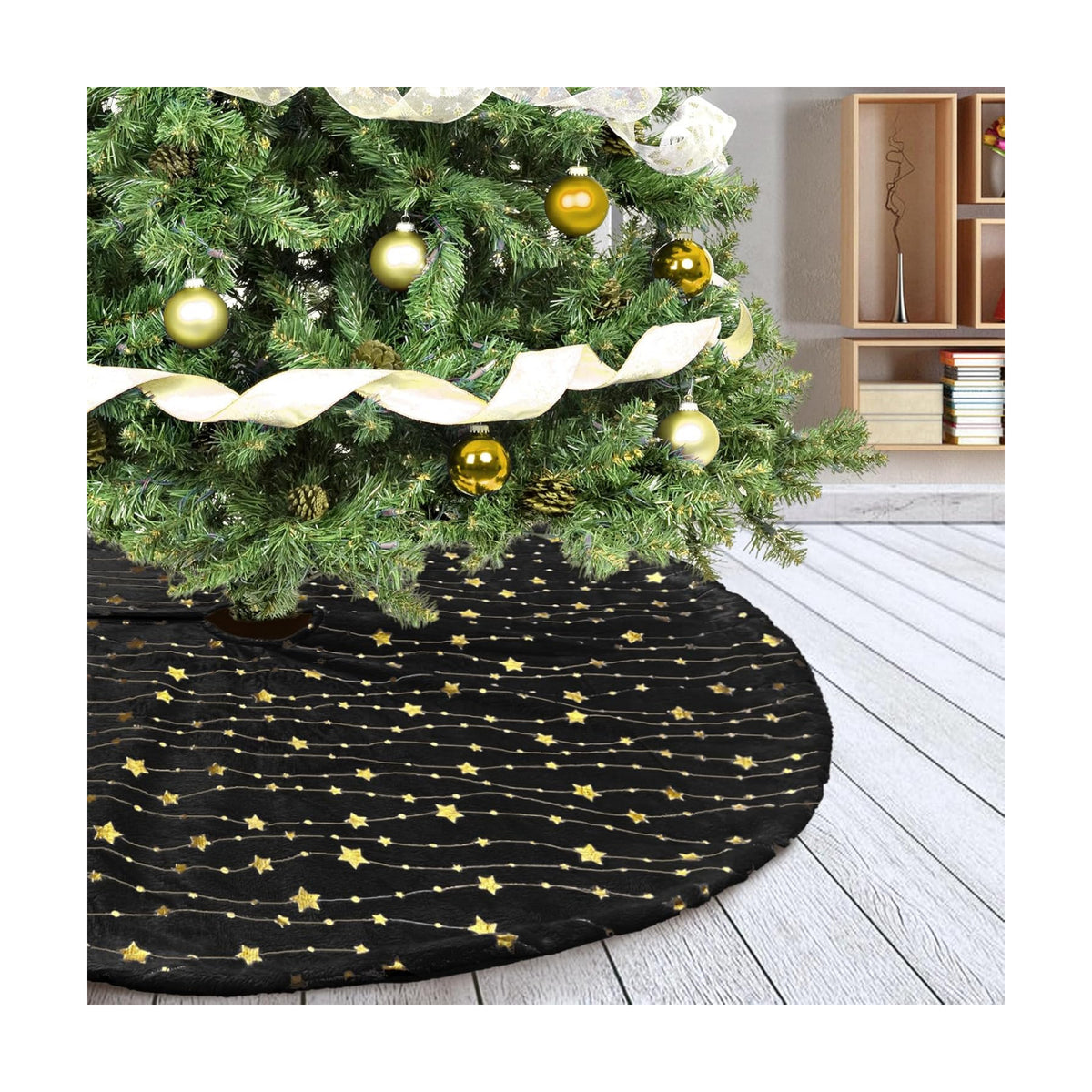 Christmas Tree Skirt Velvet Black 36 inch Large Soft Christmas Tree Mat with Gold Star Pattern for Indoor Outdoor Xmas Holiday Party Decoration