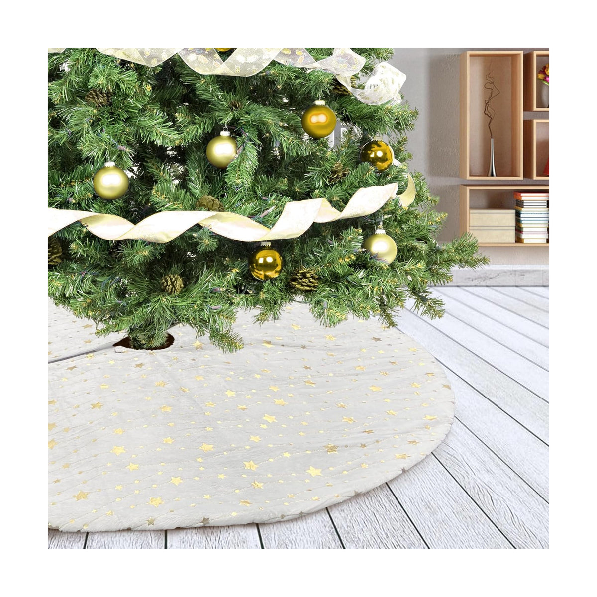 Christmas Tree Skirt Velvet White 48 inch Large Soft Christmas Tree Mat with Gold Star Pattern for Indoor Outdoor Xmas Holiday Party Decoration