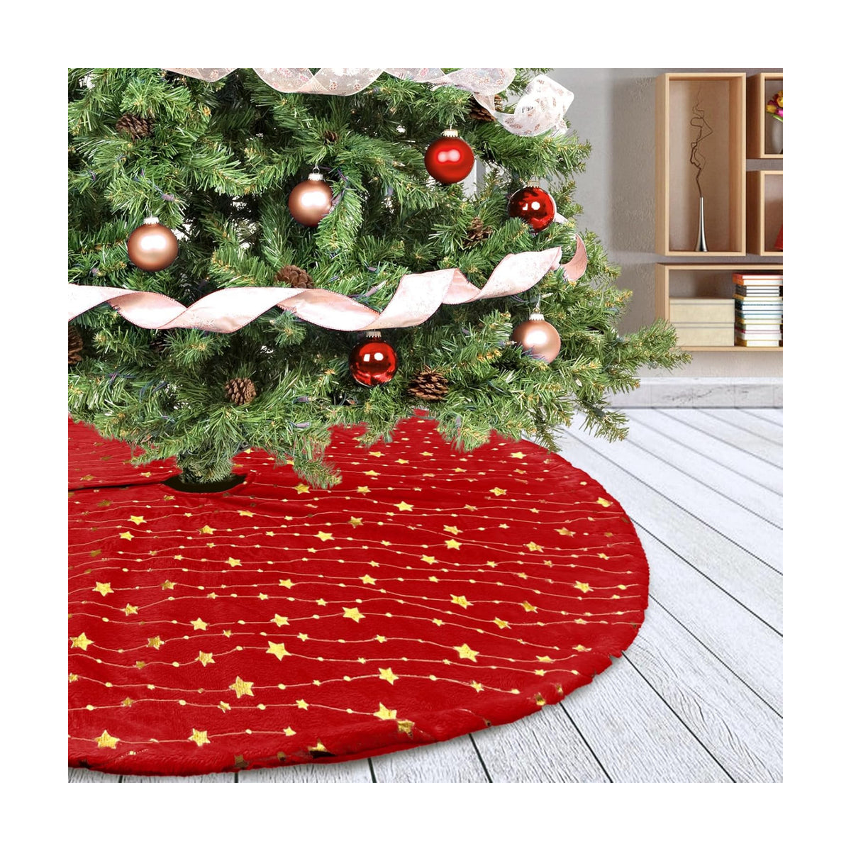 Christmas Tree Skirt Velvet Red 30 inch Large Soft Christmas Tree Mat with Gold Star Pattern for Indoor Outdoor Xmas Holiday Party Decoration