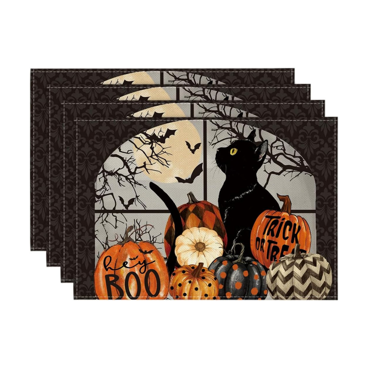 Artoid Mode Boo Black Cat Pumpkins Halloween Placemats Set of 4, Trick Or Treat 12x18 Inch Seasonal Fall Holiday Table Mats for Party Kitchen Dining Decoration