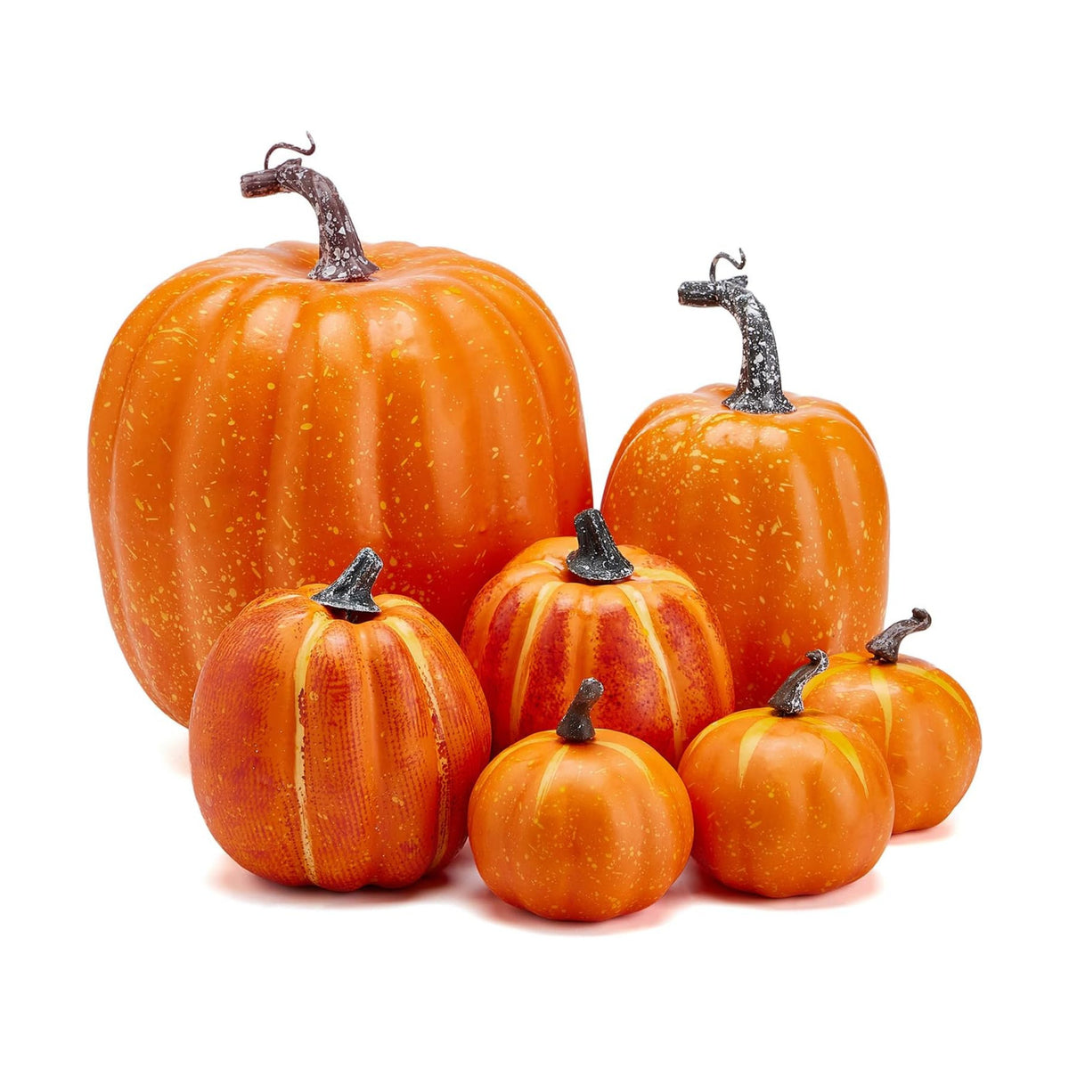 7Pcs Artificial Pumpkins of all Styles Halloween Decoration Rural Style Farmhouse Foam Pumpkin Harvest Season Thanksgiving Day is Suitable for Table top House Dining Table Party Decoration (Orange)