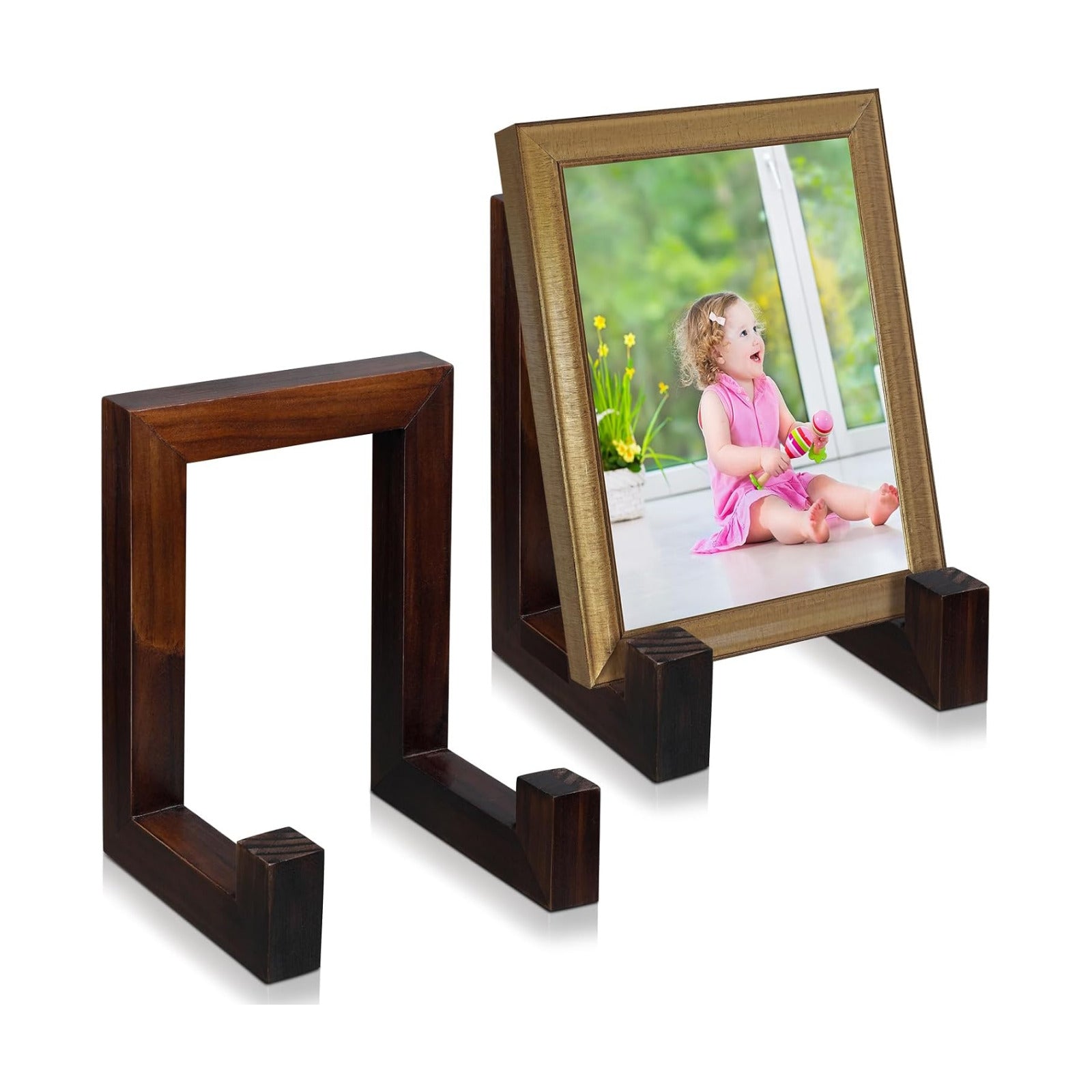 Wooden Plate Stand for Display Picture Stands Frame Holder Easel Table / Brown / 8 Inch / Set of 2