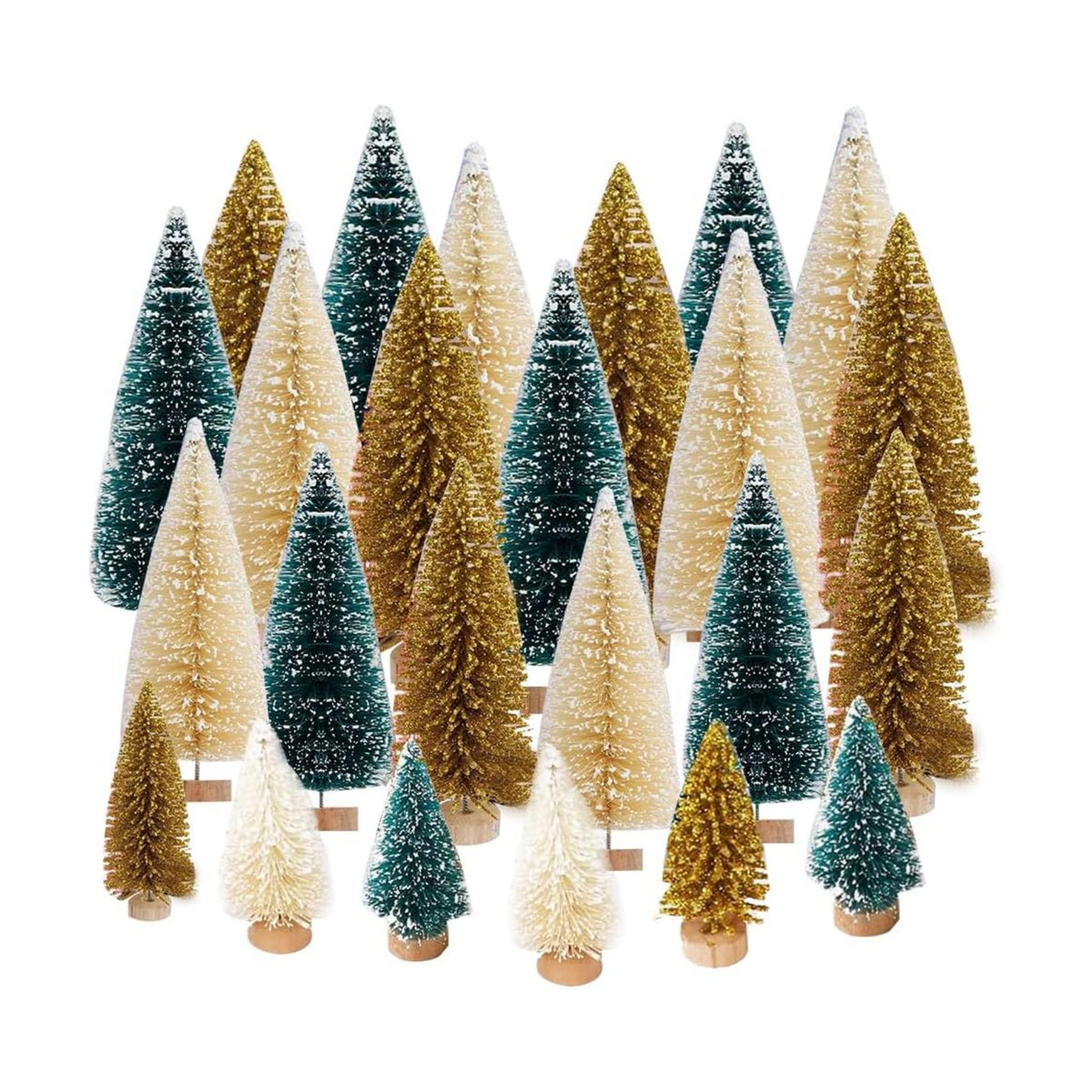 Yahpetes Christmas Trees 24 Pcs Artificial Miniature Pine Trees 4 Sizes Sisal Trees with Wood Base Bottle Brush Trees Tabletop Tree for Crafting Displaying Decoration (Blue-Green,White,Gold 24Pcs)