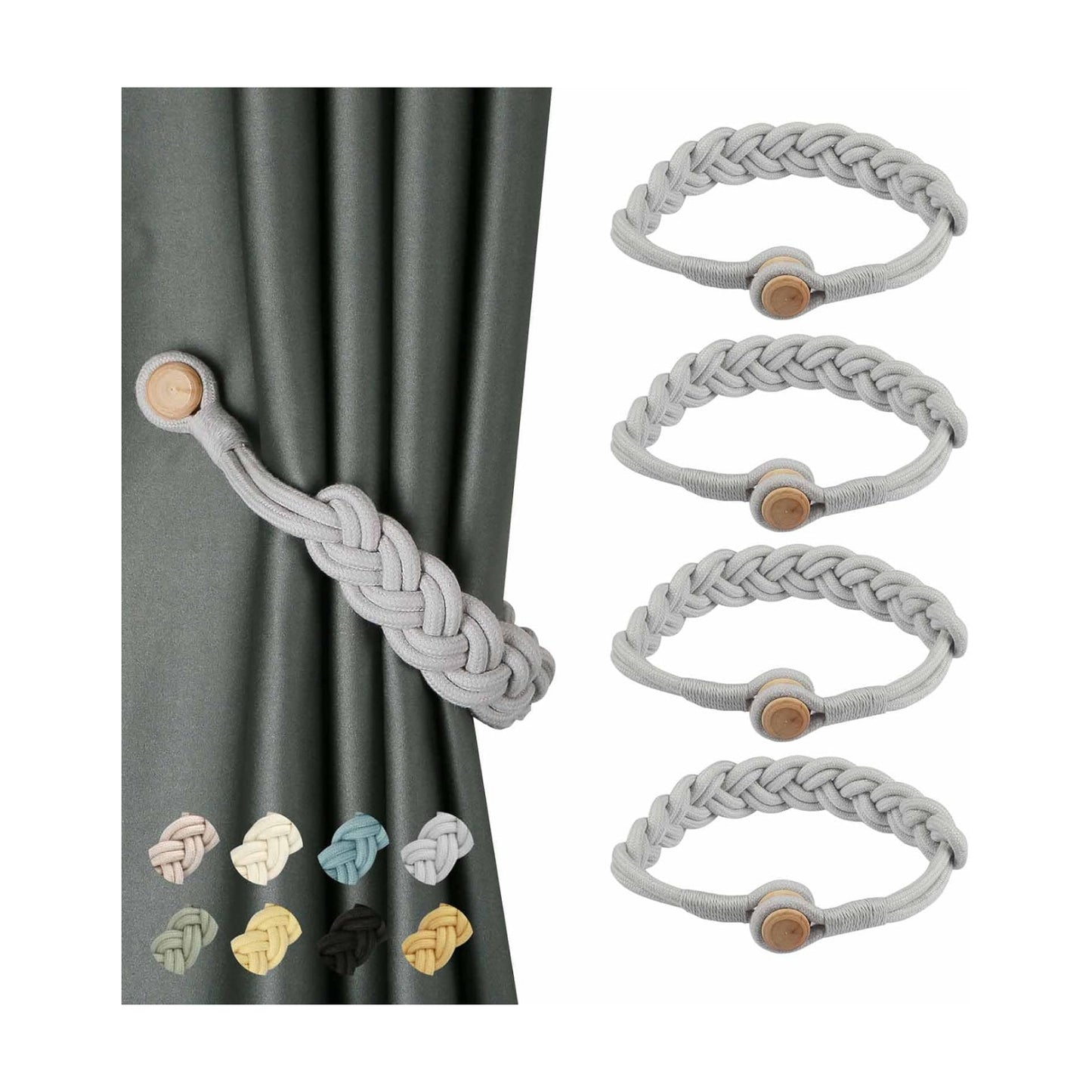 BEL AVENIR Curtain Tiebacks Magnetic 4 Pack Woven Drapery Holdback | Handmade Curtain Ties, No Drill, for Outdoor