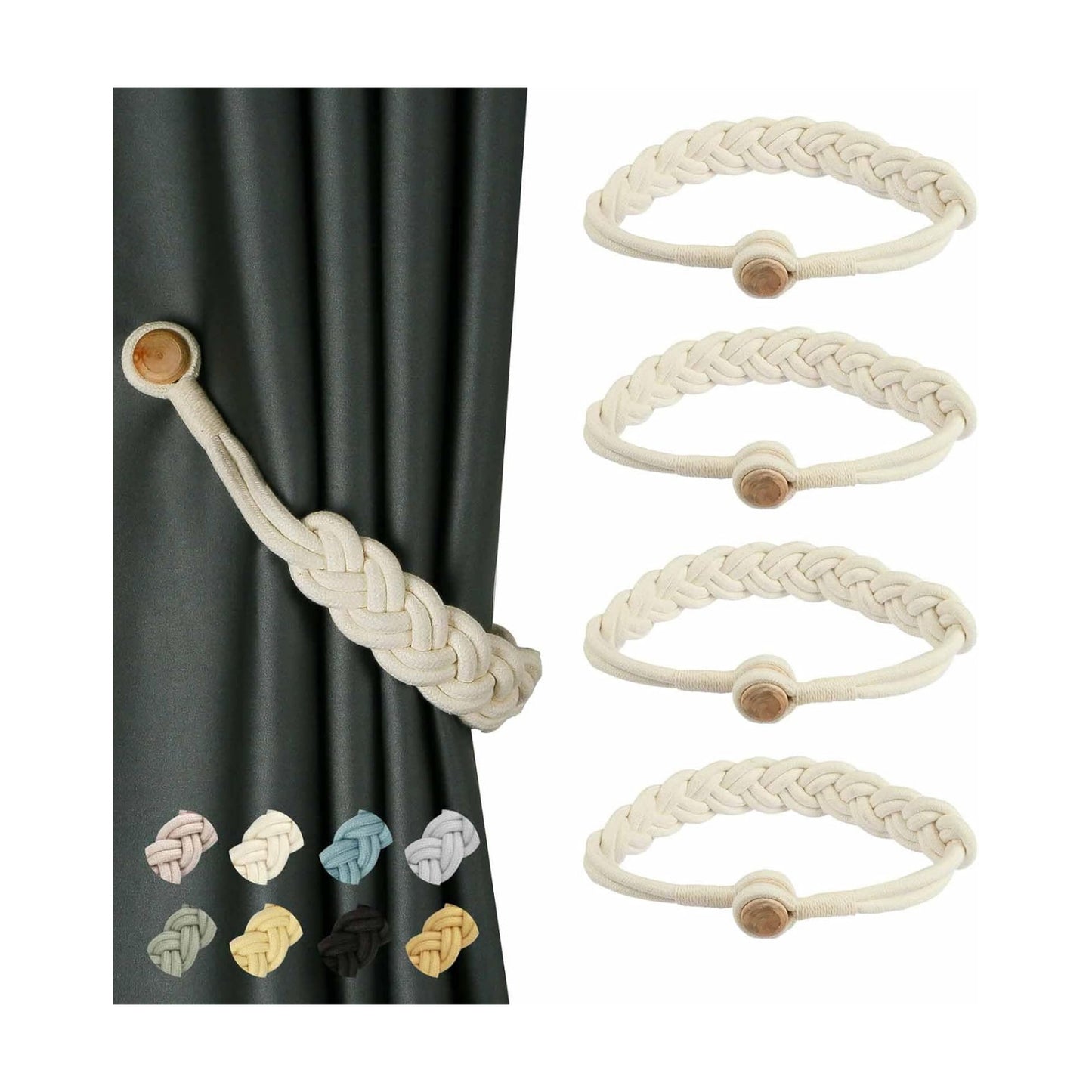 BEL AVENIR Curtain Tiebacks Magnetic 4 Pack Woven Drapery Holdback | Handmade Curtain Ties, No Drill, for Outdoor