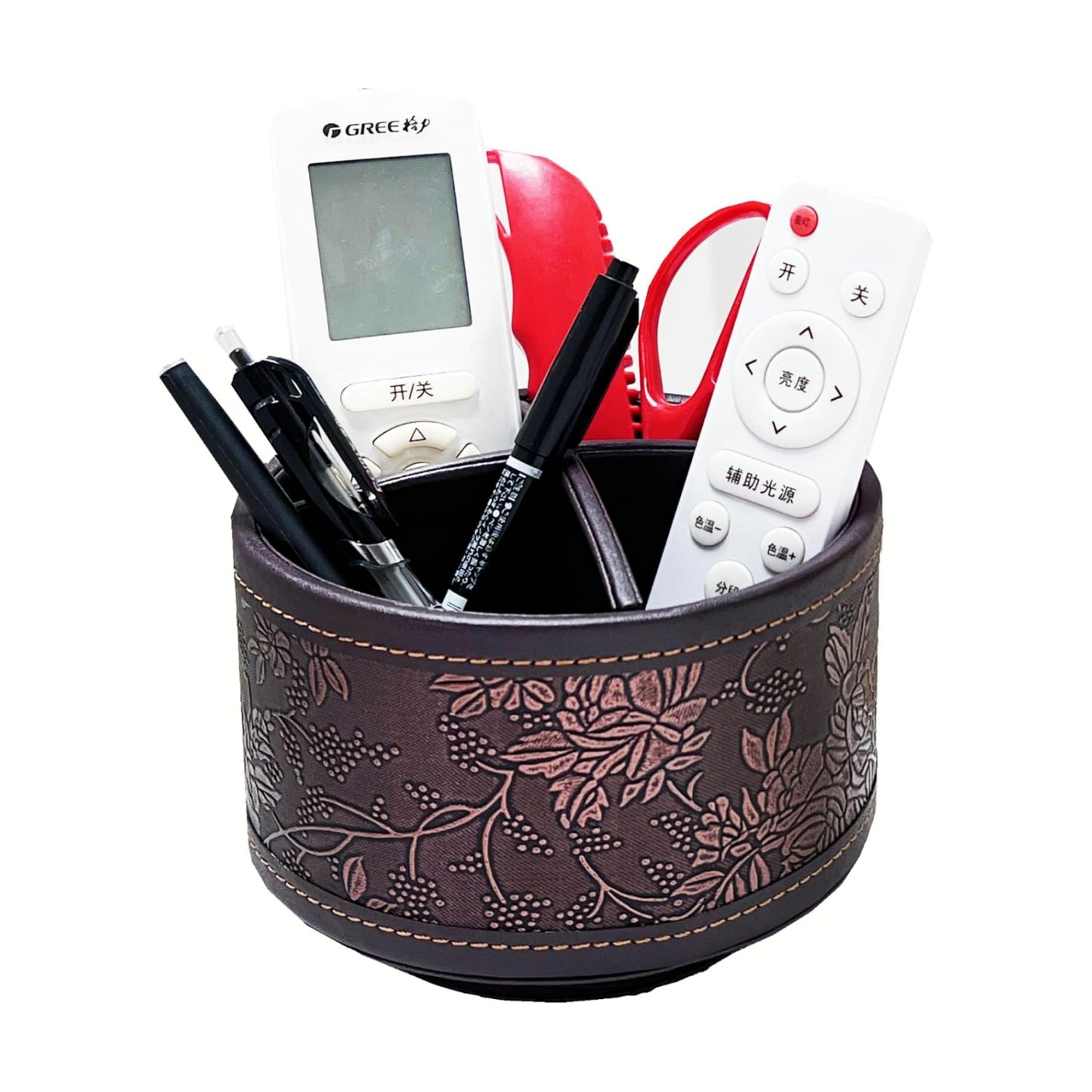 PU Leather Round TV Remote Control Holder / Antique