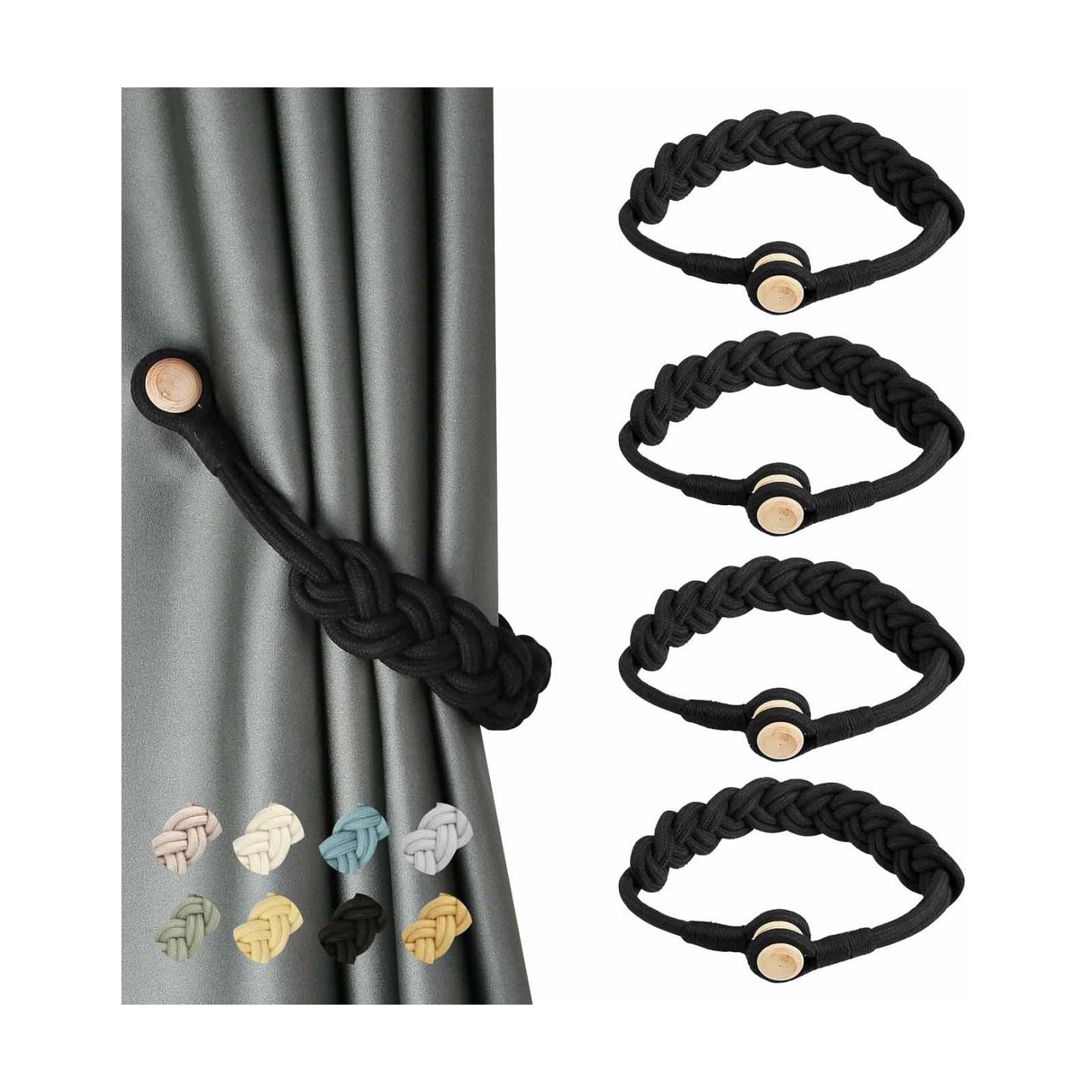 BEL AVENIR Curtain Tiebacks Magnetic 4 Pack Woven Drapery Holdback | Handmade Curtain Ties, No Drill, for Outdoor