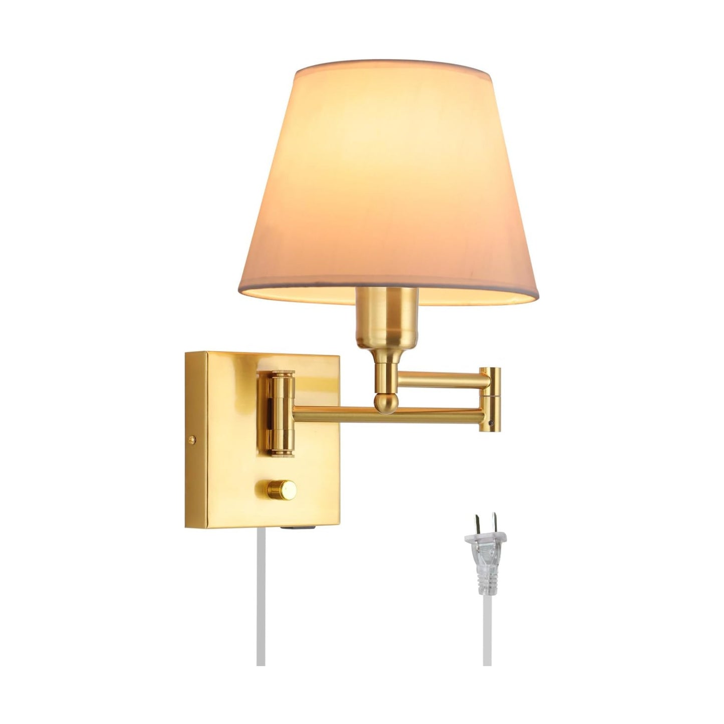 Bedside Wall Mount Light with Dimmable Switch, Swing Arm Fabric Shade Wall Sconce Light with USB Port and Plug in Cord