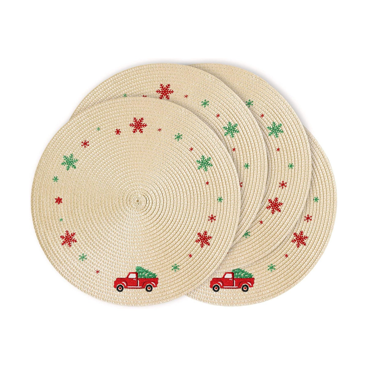 Feuille Round Christmas Placemats Set of 4 13.5 Inch Beige Snowflake Placemats for Round Tables Truck Winter Placemats Perfect for Indoor Christmas Decorations