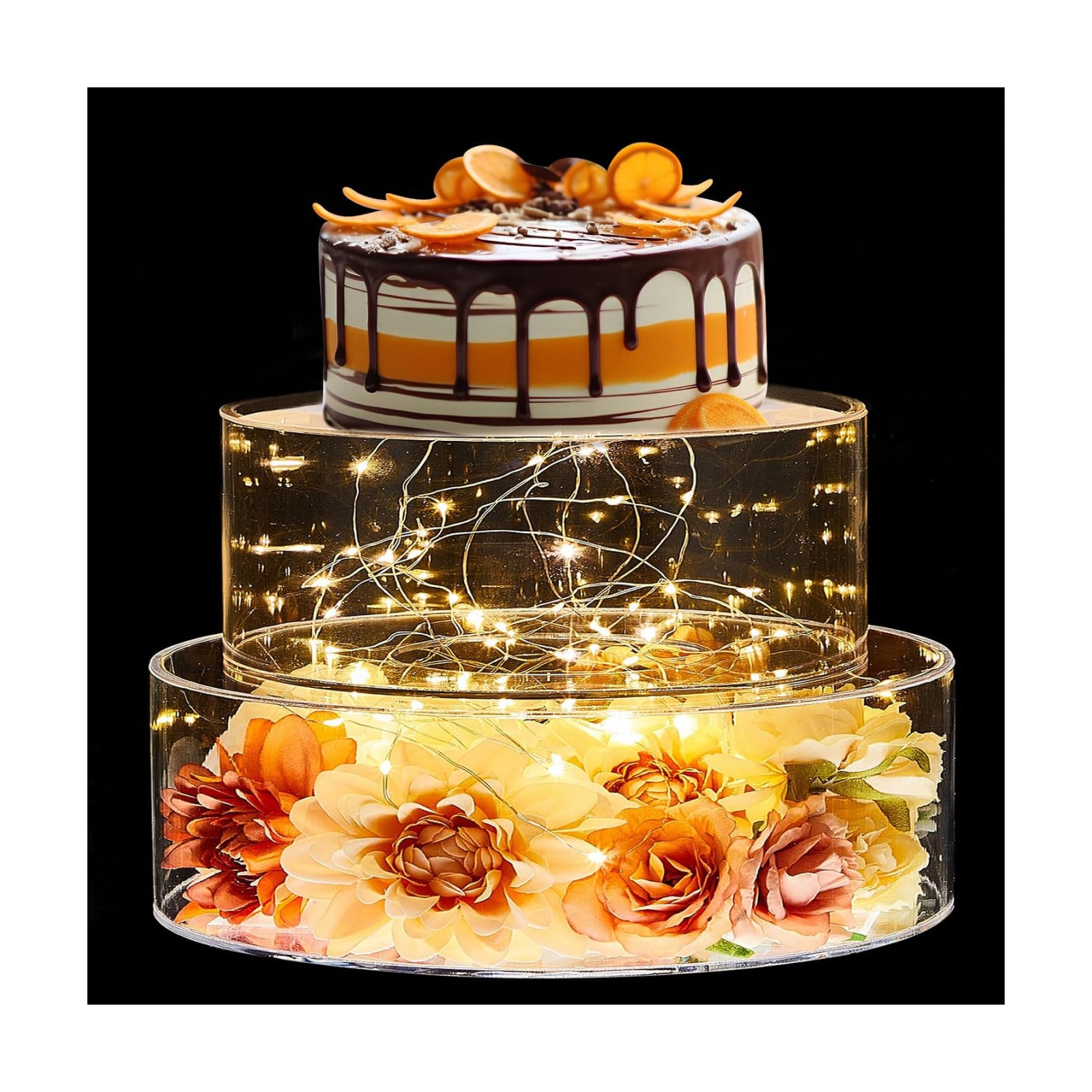 Sunnyray 2 Pcs Acrylic Cake Stands for Dessert Table Clear Fillable Cake Riser Cupcake Tier with LED Strings for
