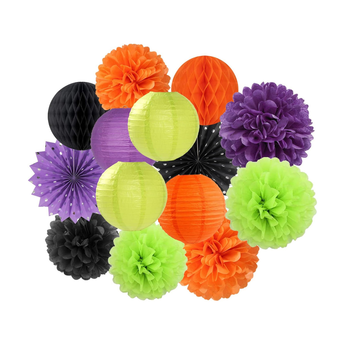 Black-Orange Purple Green Halloween Party-Decorations - 14pc Kit Paper Lanterns Fan,Tissue Flower Pom Poms Streamers,Honeycomb Balls,Birthday Supplie Wedding Baby Bridal Shower Decor Lasting Surprise