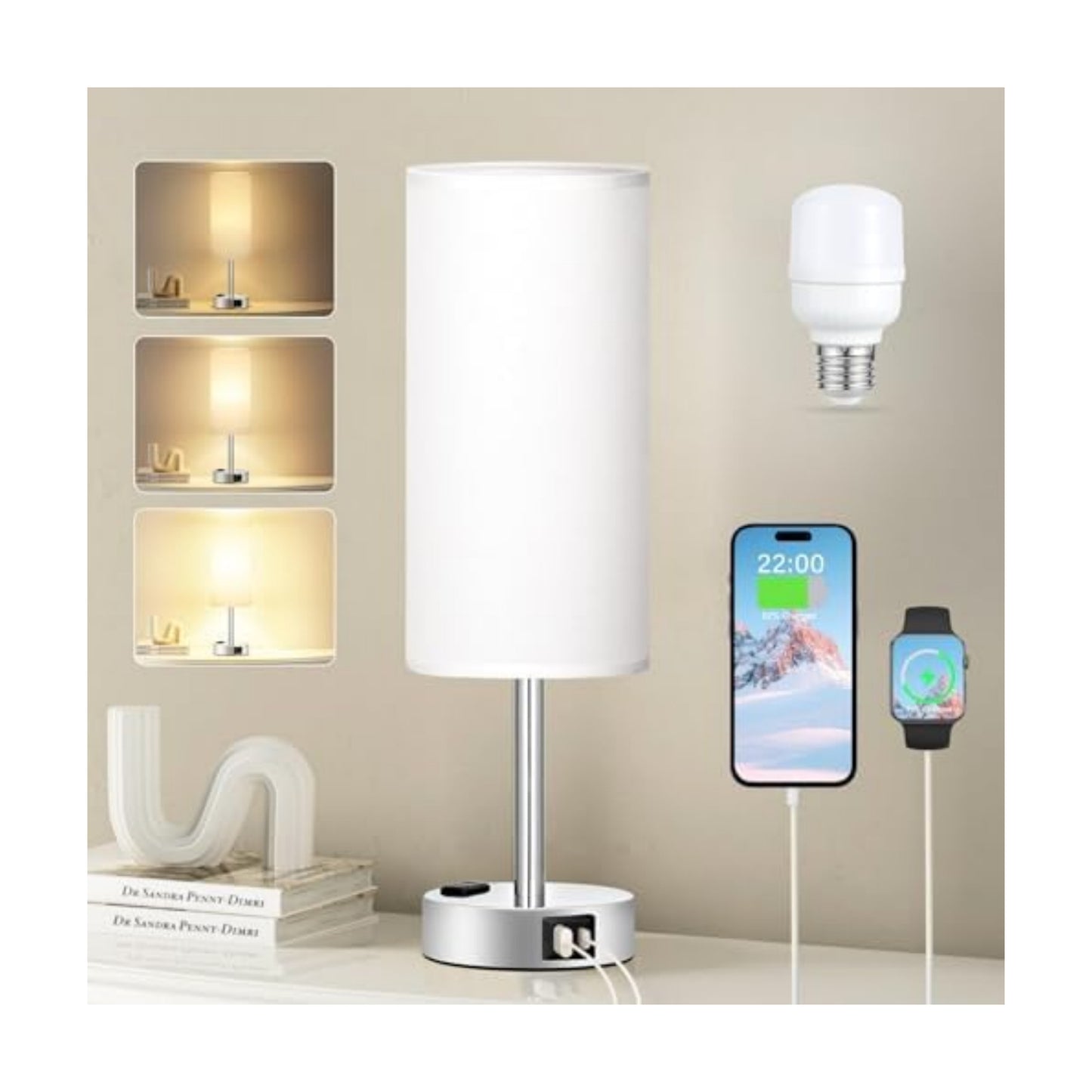 Fenmzee White Bedside Lamp for Bedroom, Dimmable Touch, USB A+C, AC Outlet