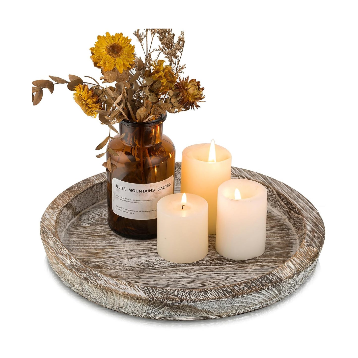 Hanobe Round Wood Candle Holder Tray, Rustic Coffee Table Centerpiece Decor