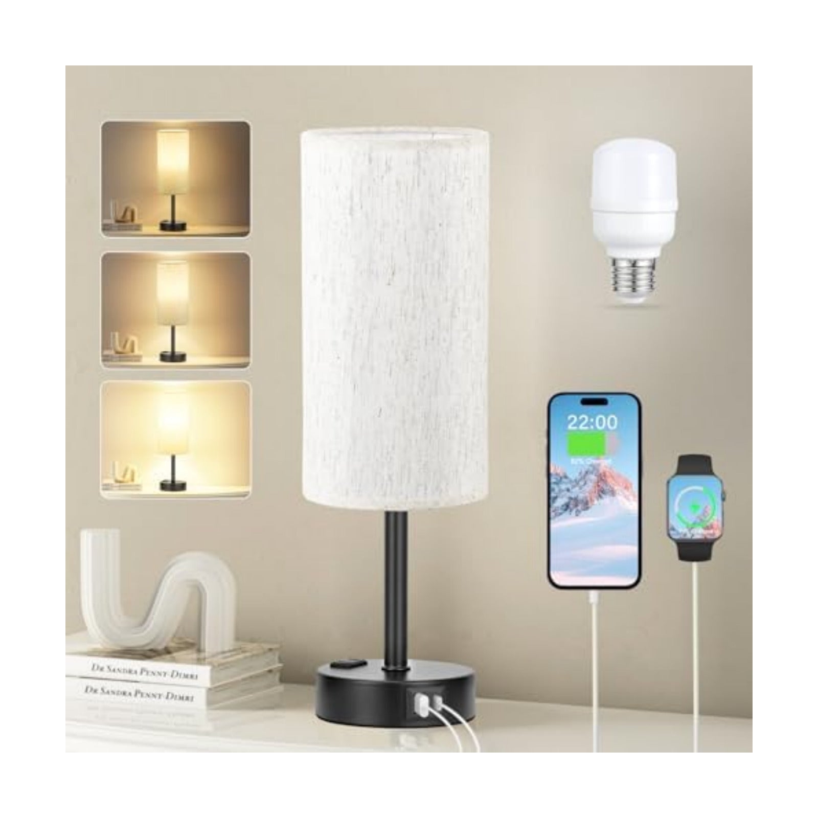 Fenmzee Turquoise Bedside Table Lamp, Dimmable Touch, USB A+C, AC Outlet