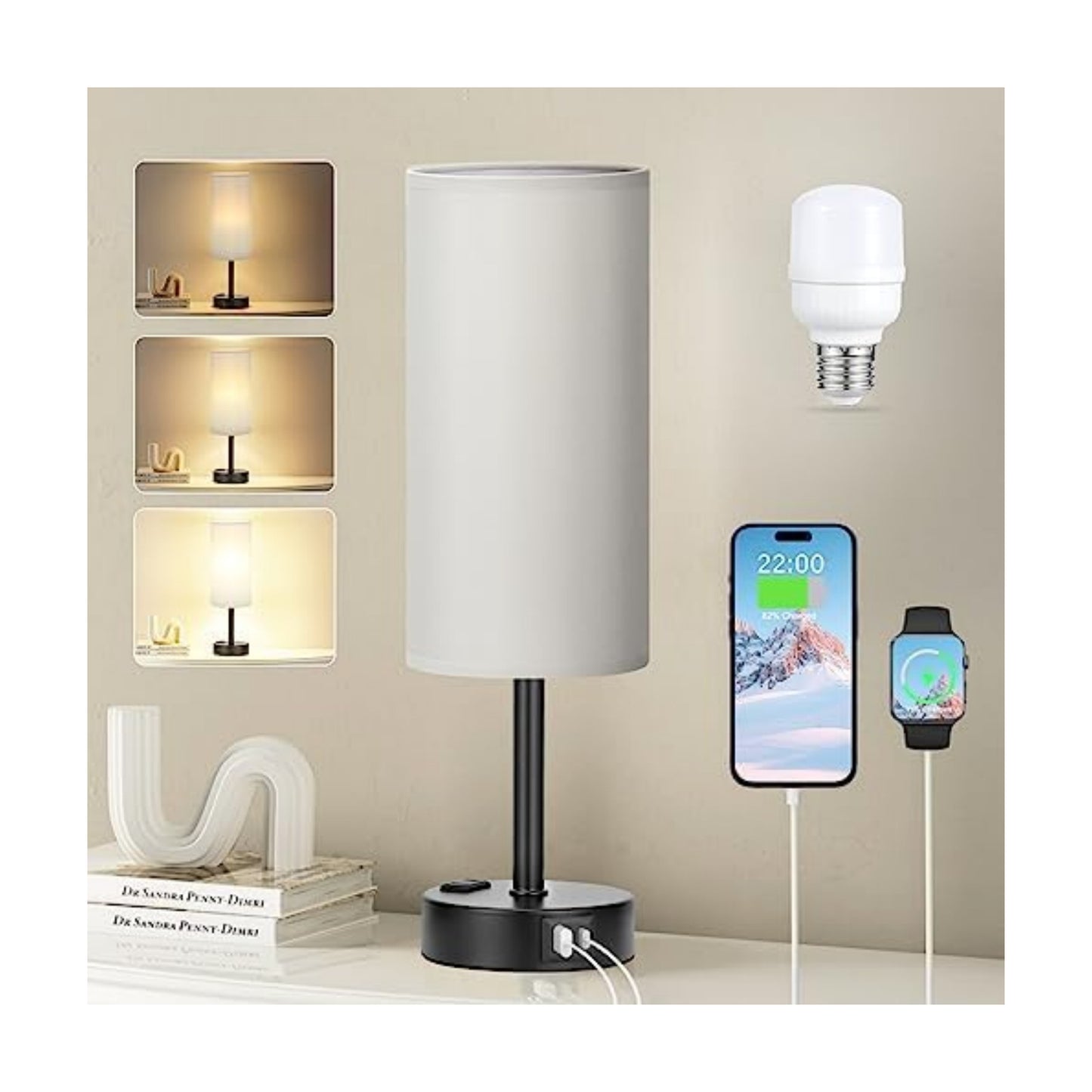 Fenmzee Grey Bedside Lamp for Bedroom, Dimmable Touch, USB A+C, AC Outlet