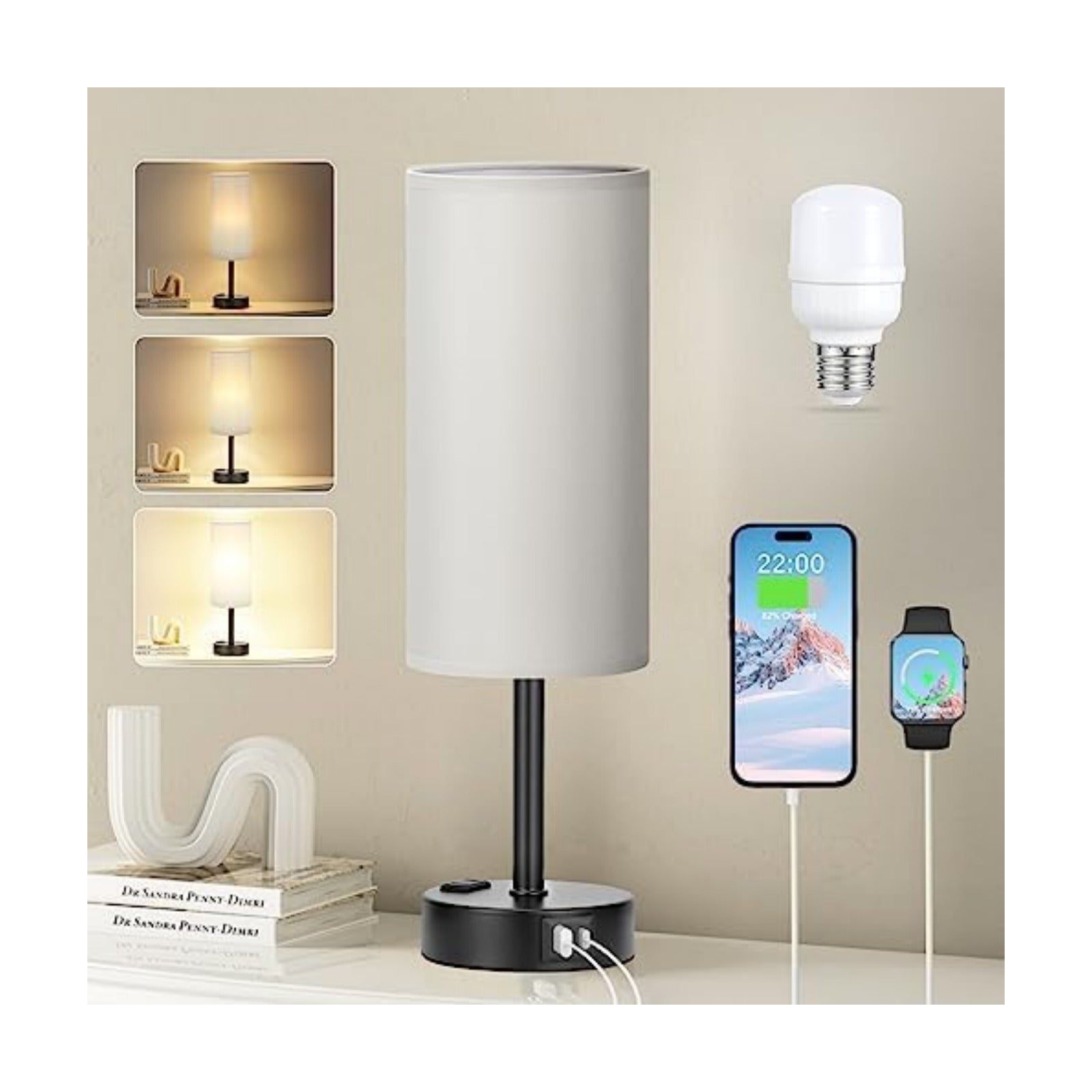 Fenmzee Grey Bedside Lamp for Bedroom, Dimmable Touch, USB A+C, AC Outlet