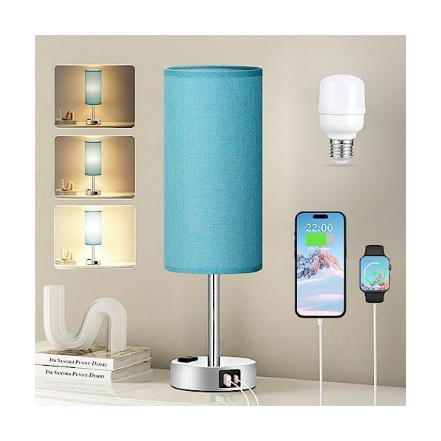 Fenmzee Light Beige Bedside Table Lamp, Dimmable Touch, USB A+C, AC Outlet