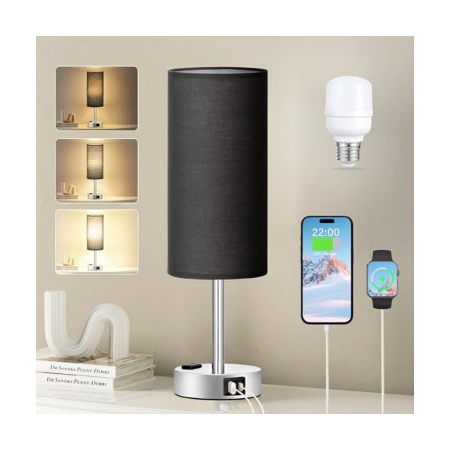 Fenmzee Black Bedside Lamp for Bedroom, Dimmable Touch, USB A+C, AC Outlet