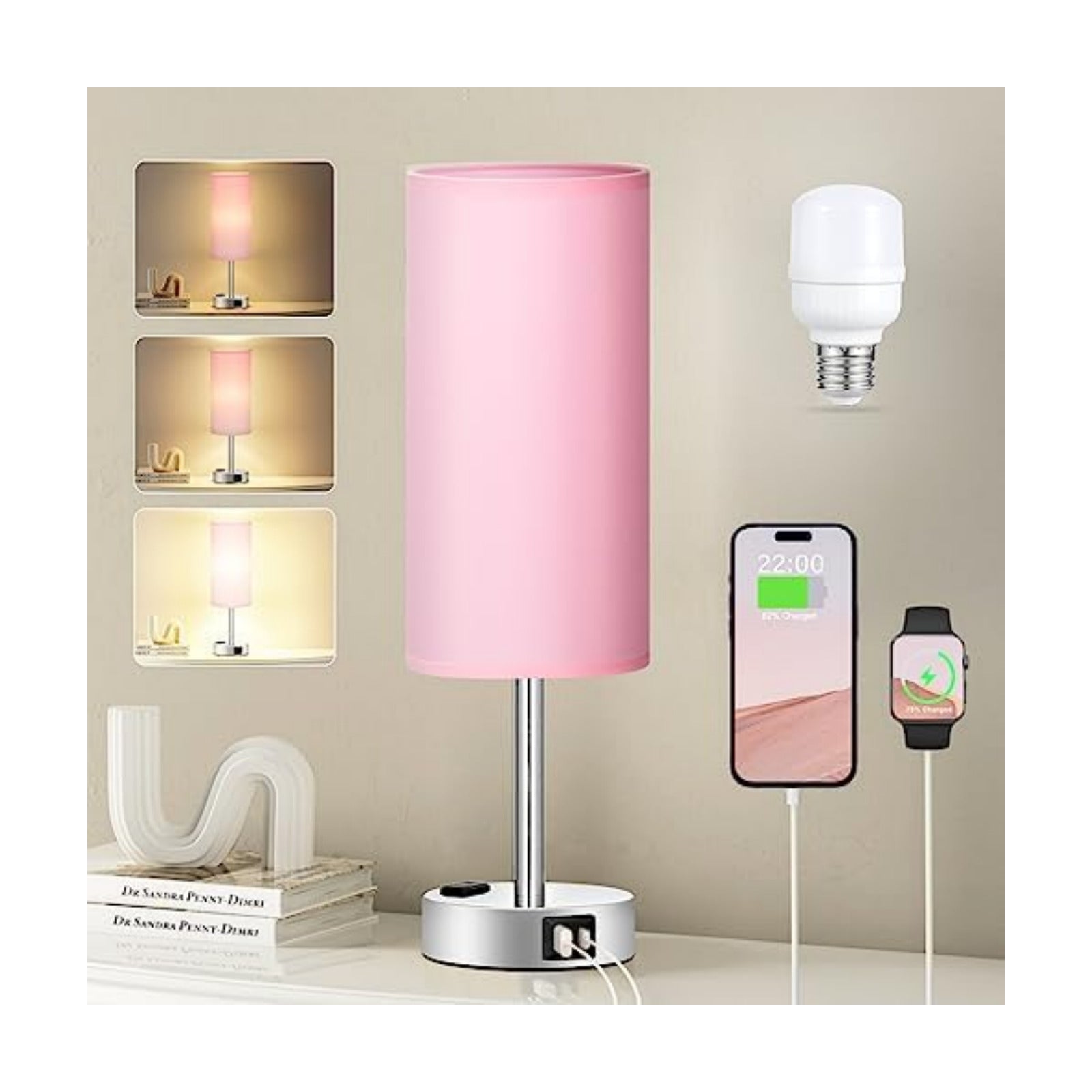 Fenmzee Pink Bedside Lamp for Bedroom, Dimmable Touch, USB A+C, AC Outlet