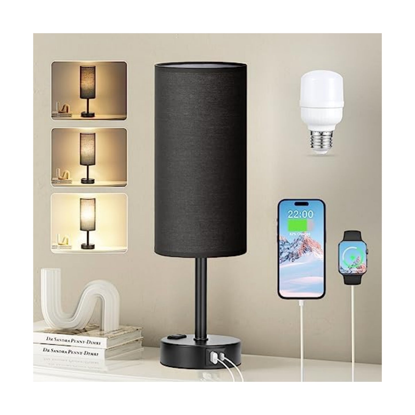 Fenmzee Black Bedside Lamp for Bedroom, Dimmable Touch, USB A+C, AC Outlet