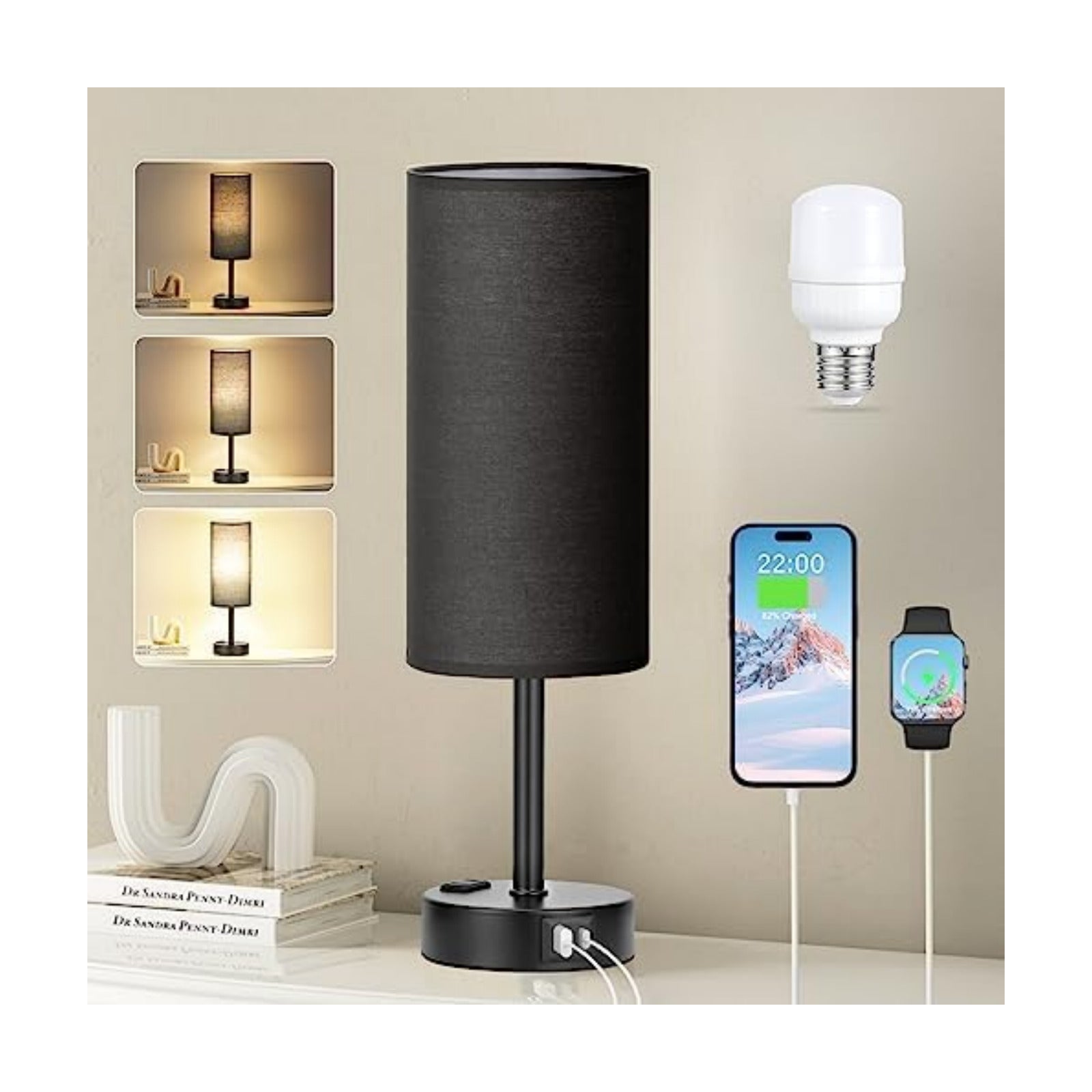 Fenmzee Black Bedside Lamp for Bedroom, Dimmable Touch, USB A+C, AC Outlet