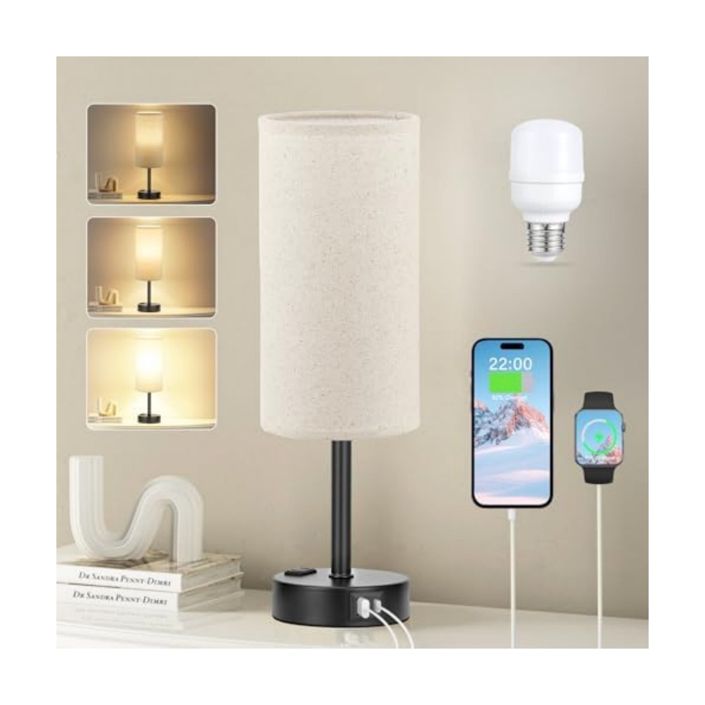 Fenmzee Beige Bedside Lamp for Bedroom, Dimmable Touch, USB A+C, AC Outlet