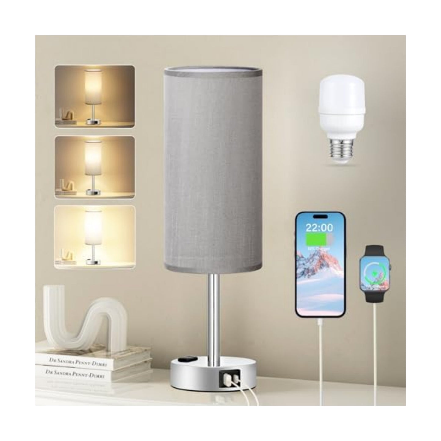 Fenmzee Grey Bedside Lamp for Bedroom, Dimmable Touch, USB A+C, AC Outlet