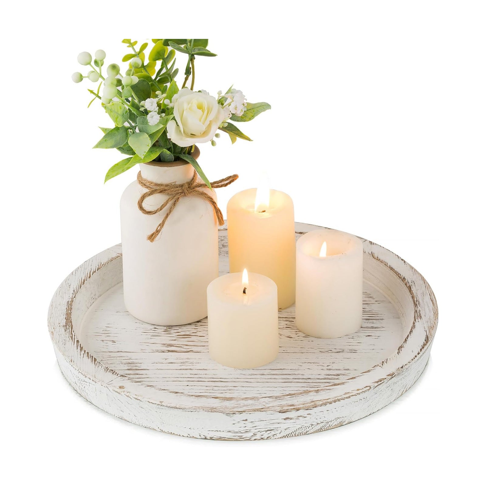 Hanobe Round Wood Candle Holder Trays for Coffee Table, Rustic White Finish