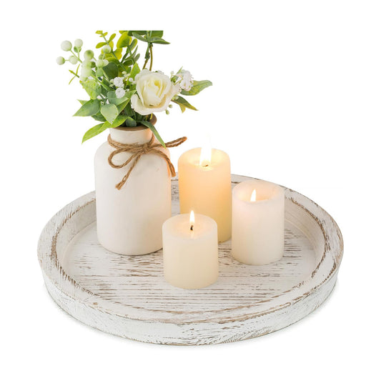 Round Wood Decorative Candle Plate / White Rustic