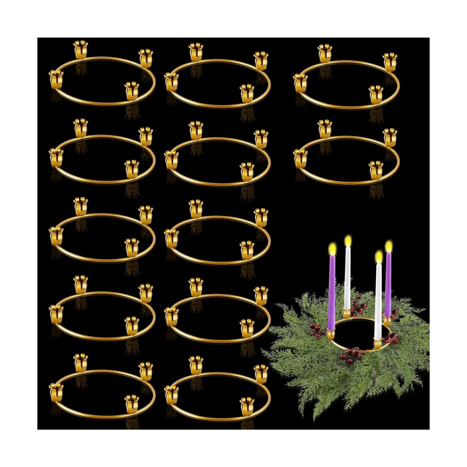 Thyle 12 Pcs Metal Christmas Advent Wreath Rings Bulk Gold Advent Wreath Candle Holder Xmas DIY Taper Candle Rings