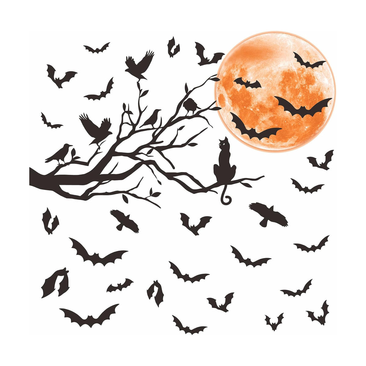 Halloween Moon Bat Wall Sticker Black Tree Branch Crow Wall Decals Clings